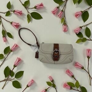 NWT Coach Pebbled Leather Wristlet Cream Brown Buckle Y2K Mini Bag Quiet Luxury